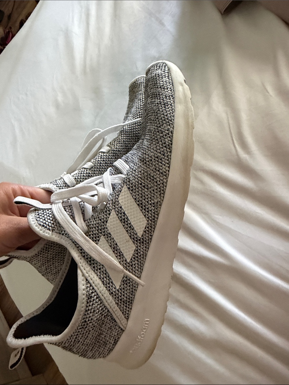 adidas Grey Knit Sneakers with White Stripes